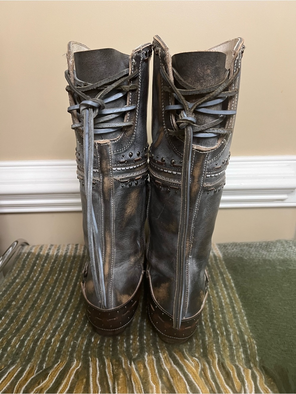 Freebird by Steven Gynger Ice Gray and Brown Studded Leather Heeled Boots - Picture 4 of 5
